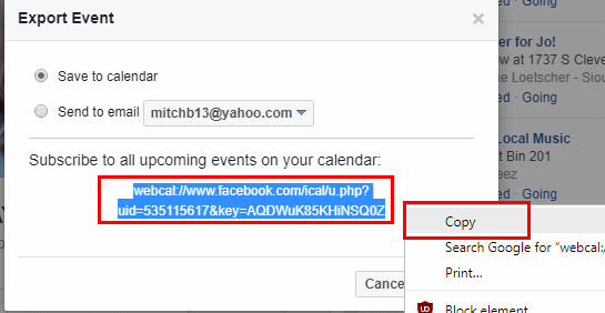 Link de inscrição do calendário de eventos no Facebook.