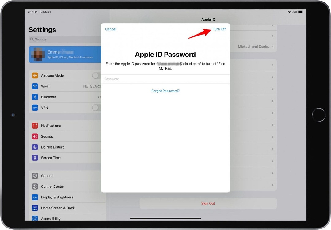 Puudutage valikut Lülita välja, et iPadis iPadi müümiseks iCloud välja lülitada