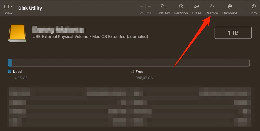 Snímek obrazovky obnovení pevného disku macOS