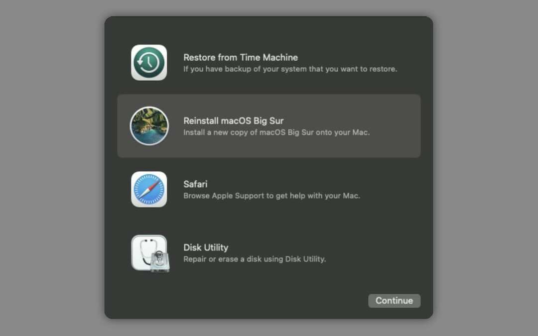 macOS-palautusikkuna, jossa on Asenna macOS Big Sur uudelleen -vaihtoehto