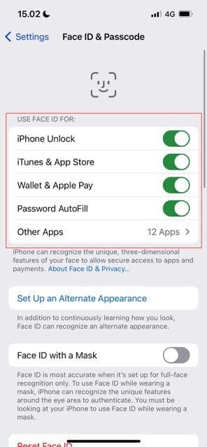 Posnetek zaslona, ​​ki prikazuje nastavitve Face ID v sistemu iOS