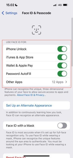 iOS'ta Face ID ayarlarını gösteren ekran görüntüsü