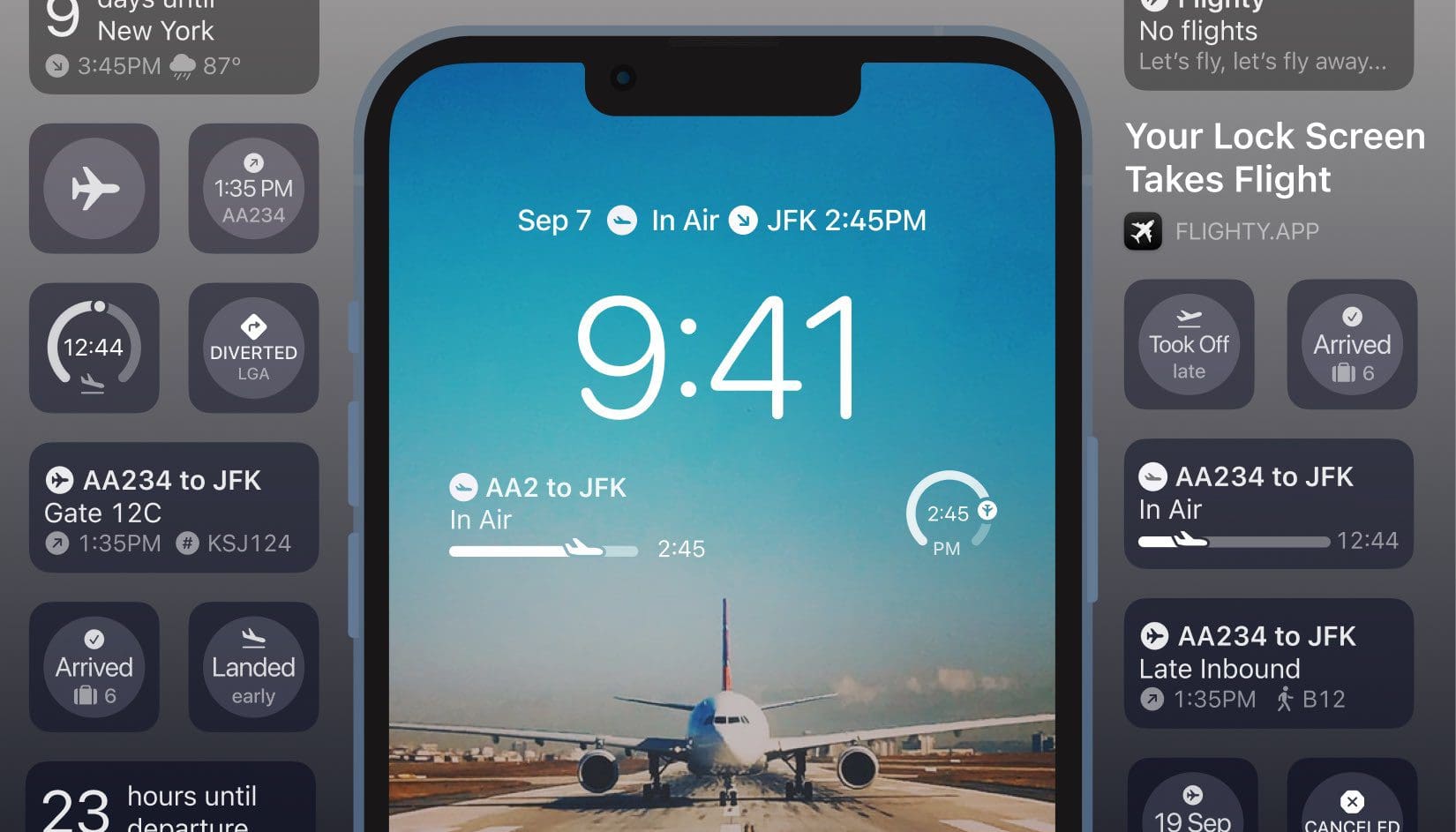Geriausi „iPhone“ užrakinimo ekrano valdikliai, skirti „iOS 16“ – „Flighty“.