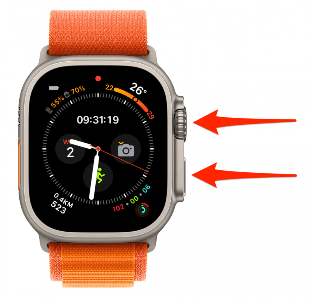 Om de Apple Watch opnieuw op te starten of een harde reset uit te voeren: houd de zijknop en de Digital Crown tegelijkertijd tien seconden ingedrukt en laat ze vervolgens los.