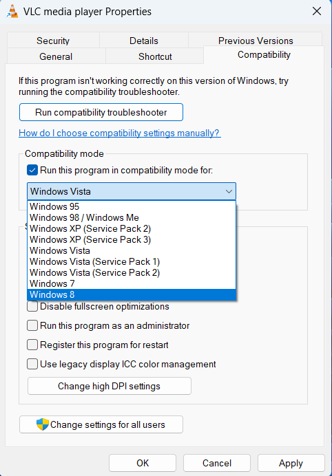 Odaberite bilo koju staru verziju sustava Windows za pokretanje aplikacije u načinu kompatibilnosti