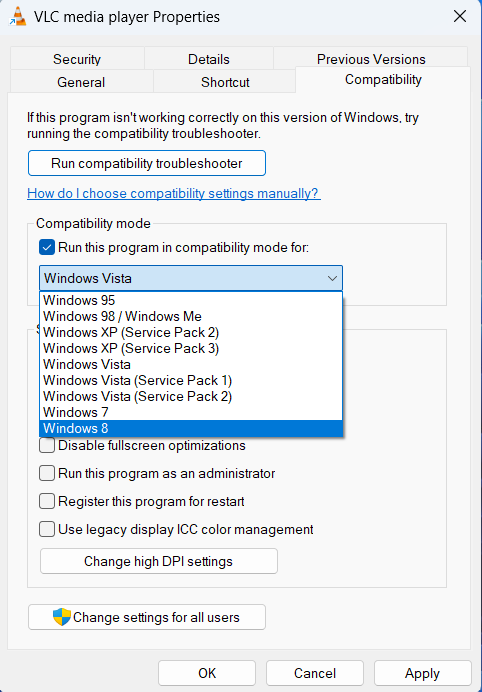 Escolha qualquer versão antiga do Windows para executar o aplicativo no modo de compatibilidade