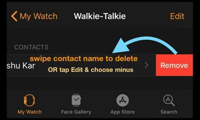 pašalinti kontaktą iš „Walkie Talkie“ programos per „iPhone“.