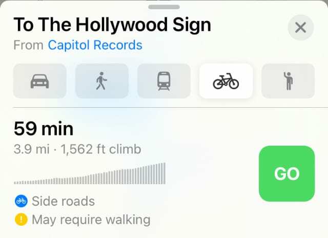 Indicații pentru ciclism în Apple Maps