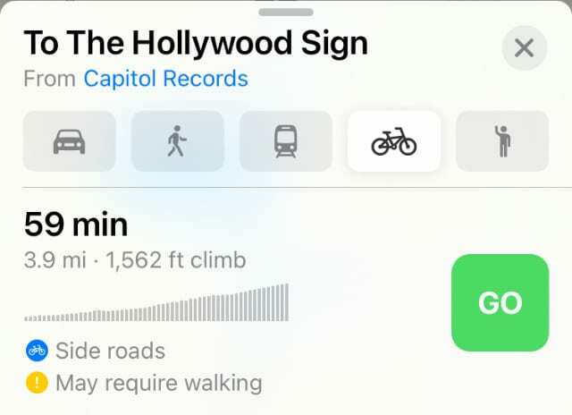 Упътвания за колоездене в Apple Maps