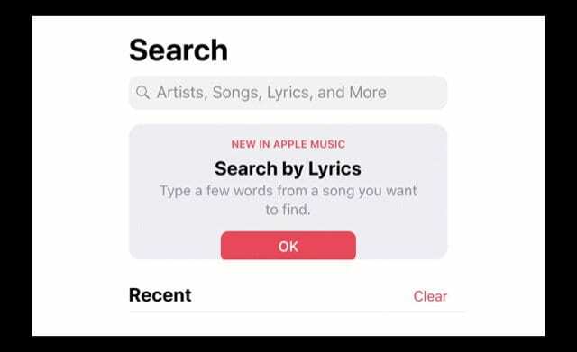 Otsige Apple Musicust sõnade järgi iOS 12-s
