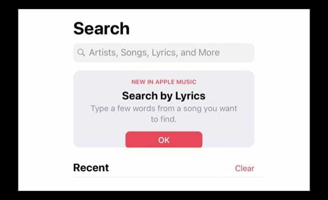 meklēt Apple Music pēc Lyrics operētājsistēmā iOS 12