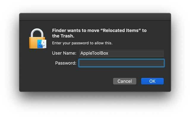 masukkan kode sandi admin untuk memindahkan folder item yang dipindahkan ke tempat sampah