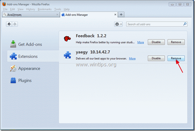 rimuovere yaegy toolbar - mozilla firefox - www.wintips.org
