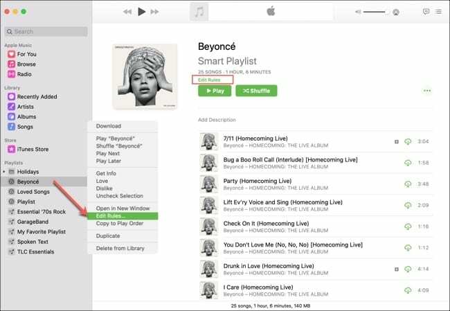 Upravte pravidla seznamu Smart Playlist