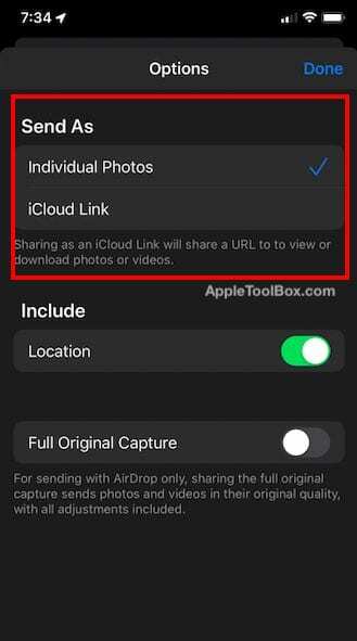 iOS 13 Zdieľajte jednotlivé fotografie vs odkaz na iCloud