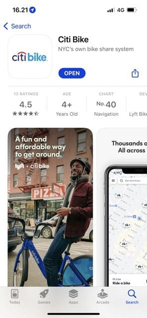 सिटी बाइक ऐप के ऐप स्टोर पेज का स्क्रीनशॉट