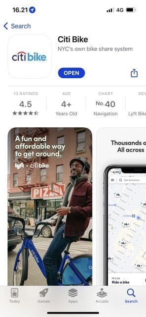 citi bike アプリのアプリストアページのスクリーンショット