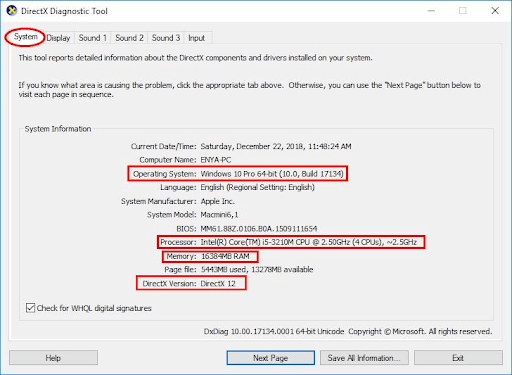 Fereastra instrumentului de diagnosticare Directx