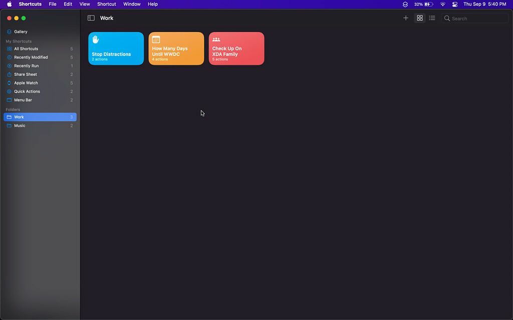 screenshot della sezione cartelle nell'app scorciatoie su macos