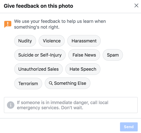 Okno zpětné vazby na Facebooku