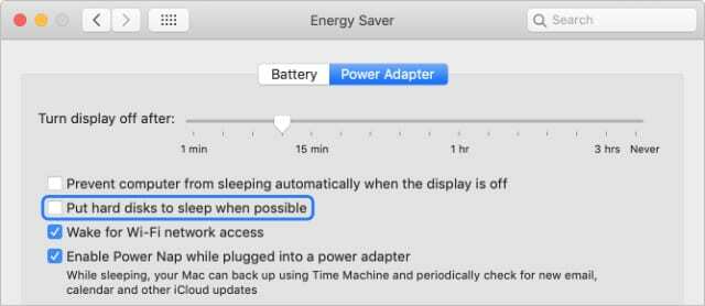 ენერგიის დამზოგველი macOS სისტემის პრეფერენციები მყარი დისკის ჩაძინების ოფციით