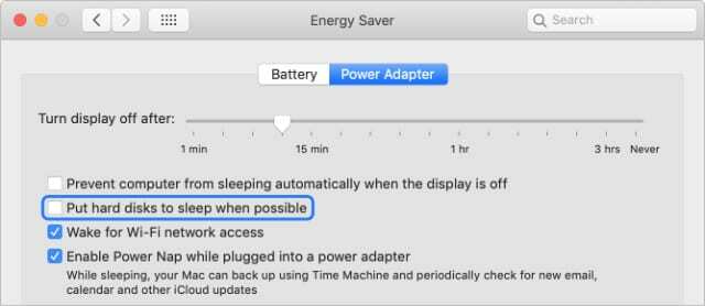 Preferencje systemowe macOS oszczędzania energii z opcją usypiania dysku twardego