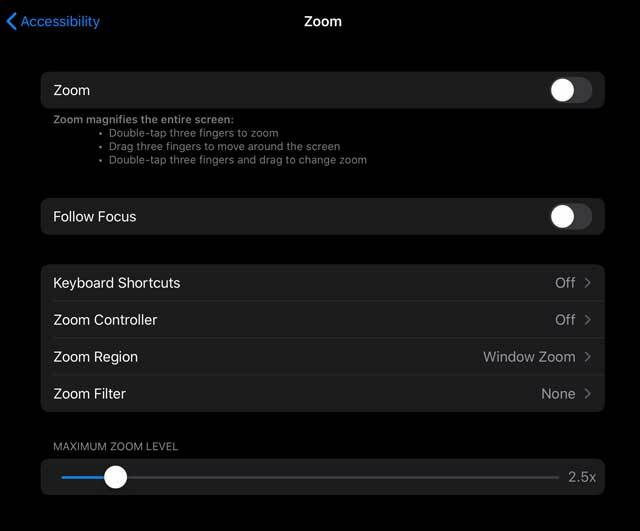 Nastavení zoomu iPadOS