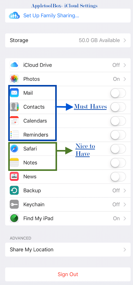 Opciones de configuración de iCloud