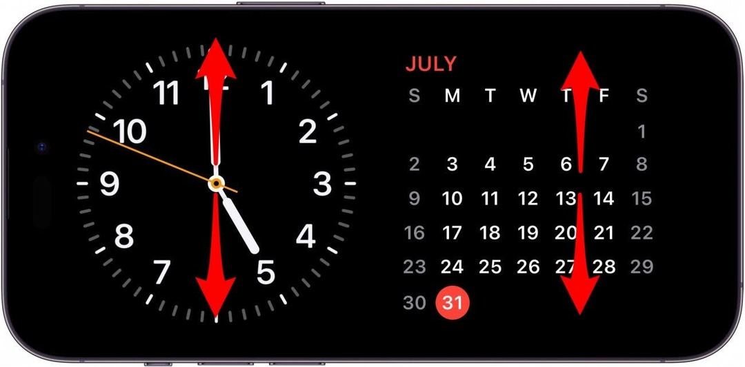 iphone budėjimo režimo ekranas su laikrodžio ir kalendoriaus valdikliais, su raudonomis aukštyn ir žemyn rodyklėmis abiejuose valdikliuose, rodančiomis, kad valdikliuose reikia braukti aukštyn arba žemyn