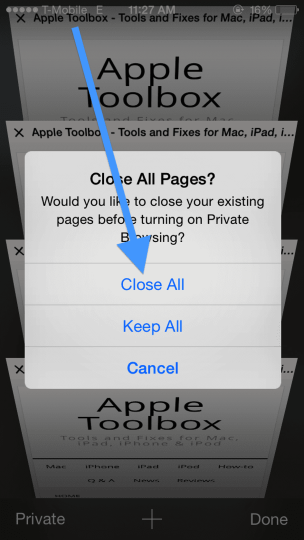 Safari Затворете всички страници