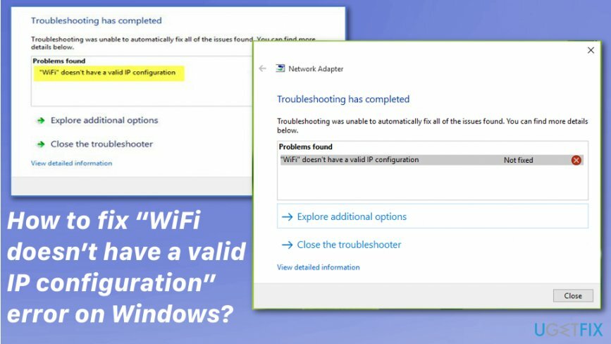 Chybové okno „WiFi nemá platnú konfiguráciu IP“.