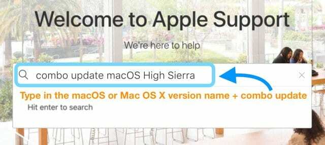 sök efter kombouppdatering på Apples supportwebbplats