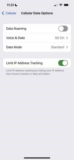 Captura de pantalla que muestra las opciones de datos de celda en iOS