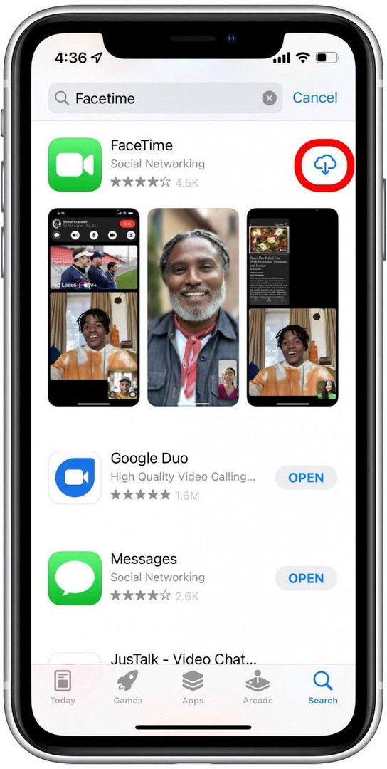 Appuyez sur l'icône de nuage à côté de l'application FaceTime pour la réinstaller.