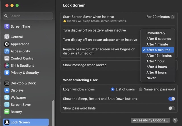 Ekrānuzņēmums, kurā redzamas Mac bloķēšanas ekrāna nolaižamās izvēlnes