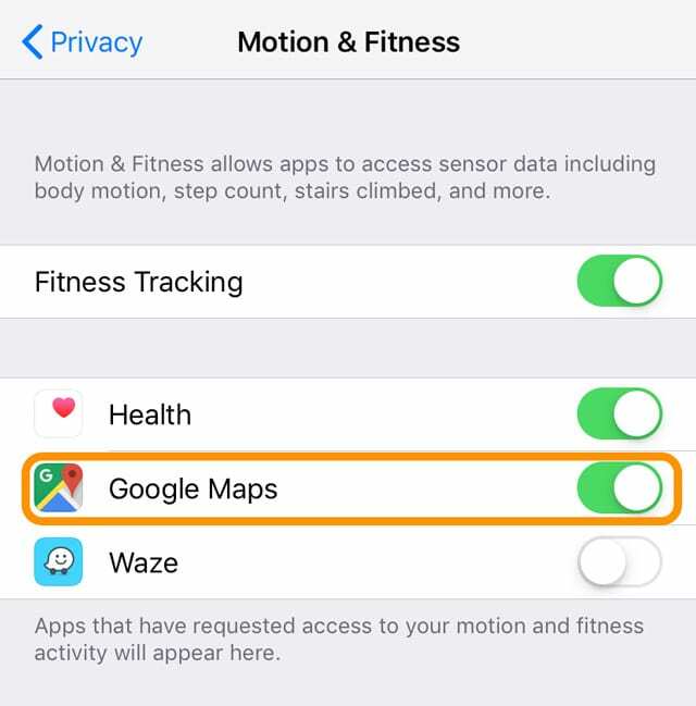 schakel Google Maps in op de fitness- en activiteitsinstellingen van de iPhone