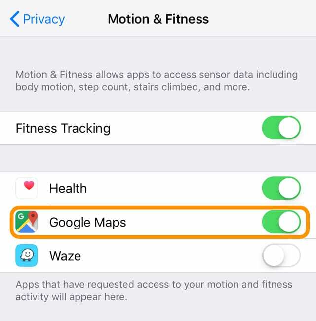 engedélyezze a Google Térképet az iPhone Fitness és tevékenység beállításaiban