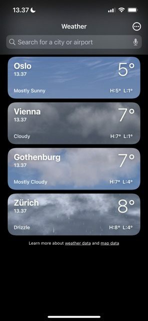 Snímek obrazovky zobrazující vyhledávací panel v aplikaci Počasí