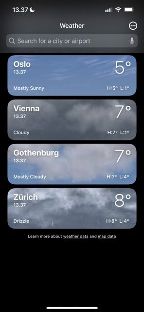 Screenshot che mostra la barra di ricerca nell'app Meteo