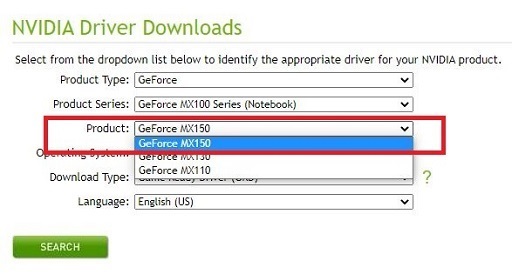 Siirry kohtaan Tuote ja valitse GeForce MX150