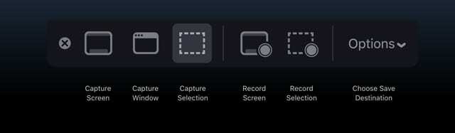Panel nástrojů pro snímky obrazovky macOS Mojave
