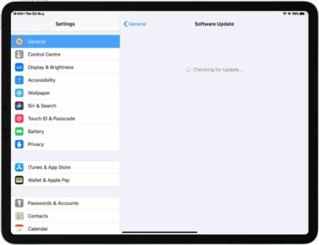 iPad Pro preverja posodobitve programske opreme v nastavitvah