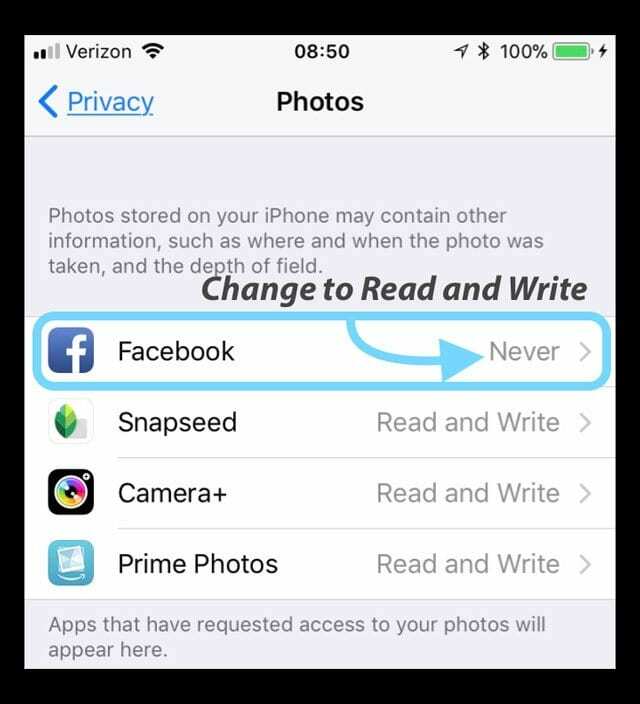 iPhone iOS 11 में फेसबुक फोटोज सेव नहीं कर रहा है? कैसे ठीक करना है