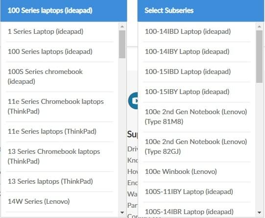 lenovo 제품의 드롭다운 메뉴 목록에서 하위 시리즈 선택