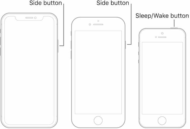 Tlačítka napájení pro iPhone X, iPhone 8 Plus a iPhone 6S.