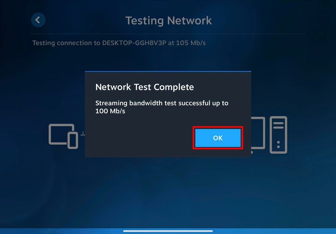 Tocca OK una volta completato il test di rete su Steam Link