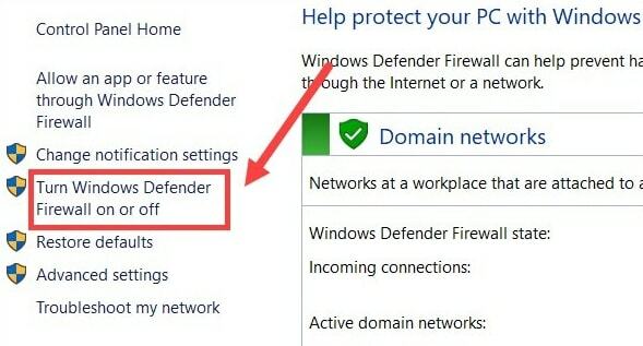 slå Windows Defender firewall til eller fra