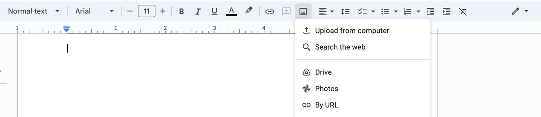 Opsi untuk mengunggah foto dari komputer Anda di Google Doc