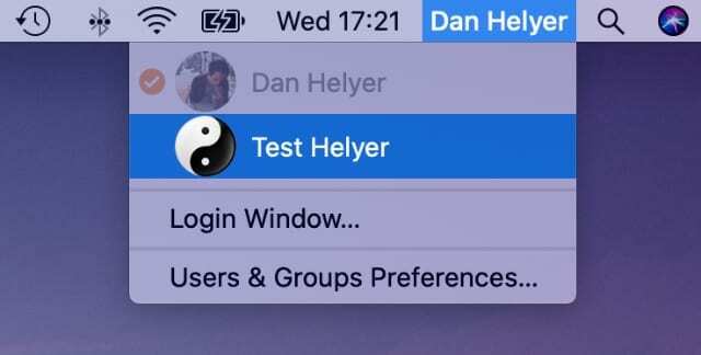 MacBook menü çubuğundan kullanıcı seçimi