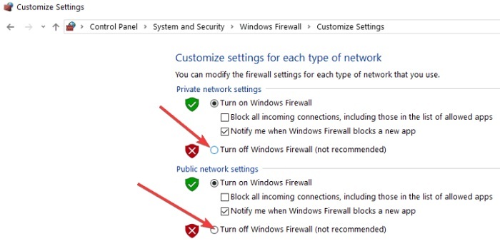 zrušte začiarknutie políčka vedľa položky Vypnúť bránu Windows Firewal